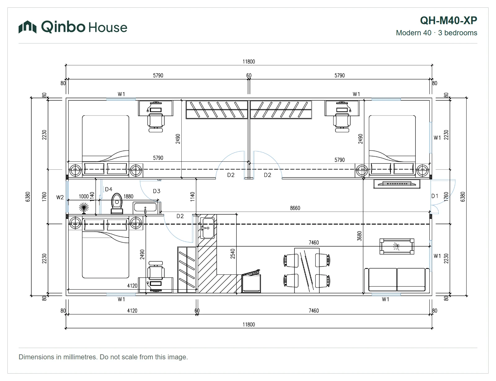 Qinbo Modern 40 — 3 bedrooms, on both sides — QH-M40-XP — 2D floor plan Qinbo Modern 40 3-bedroom floor plan, on both sides, showing room arrangement and dimensions.