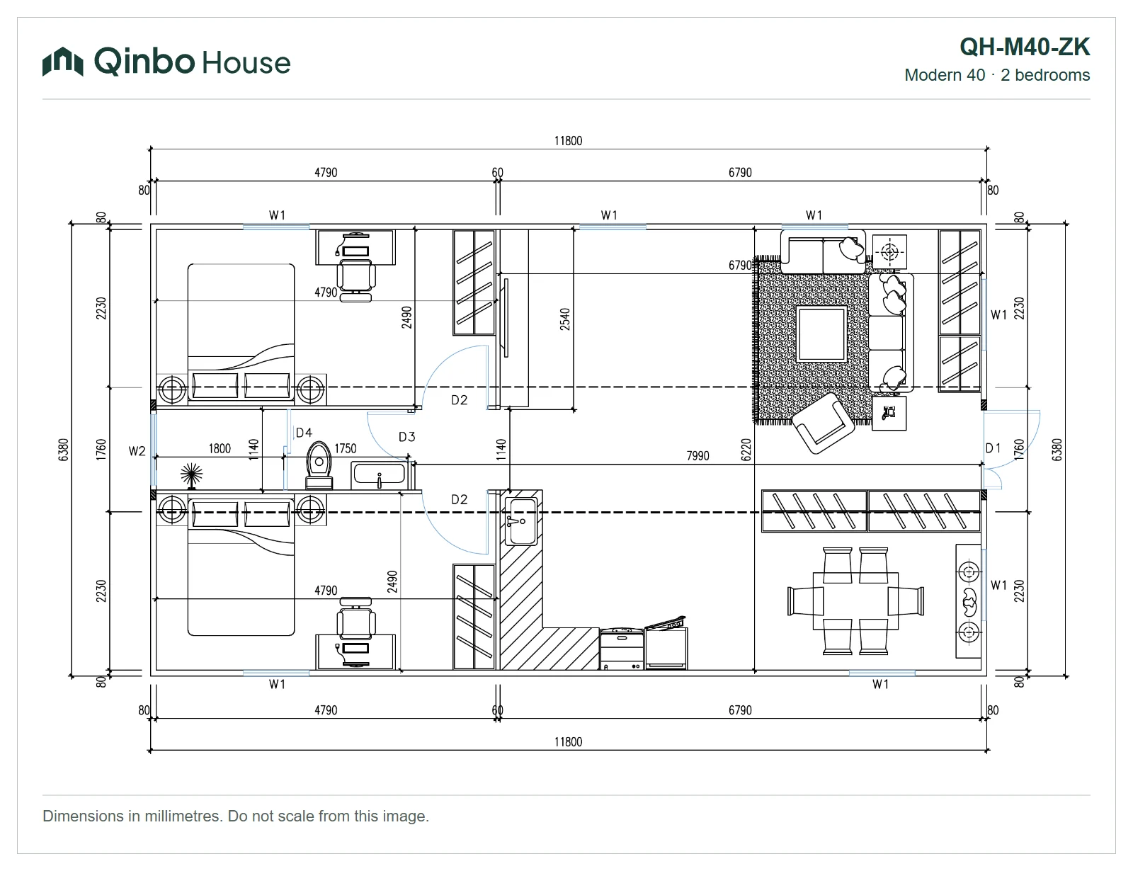 Qinbo Modern 40 — 2 bedrooms, together at one end — QH-M40-ZK — 2D floor plan Qinbo Modern 40 2-bedroom floor plan, together at one end, showing room arrangement and dimensions.