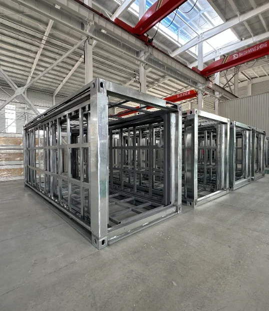 Assembled galvanised steel house frame on the factory floor.
