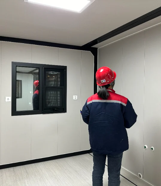 Inspector checking an interior wall panel.