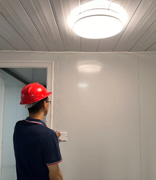Inspector operating a switch beneath an illuminated ceiling light.
