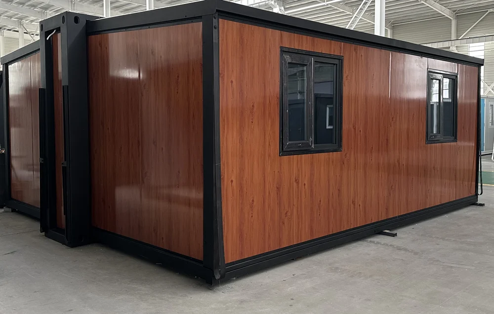 Expandable home with red brown exterior and vertical fine woodgrain finish, EX-E03