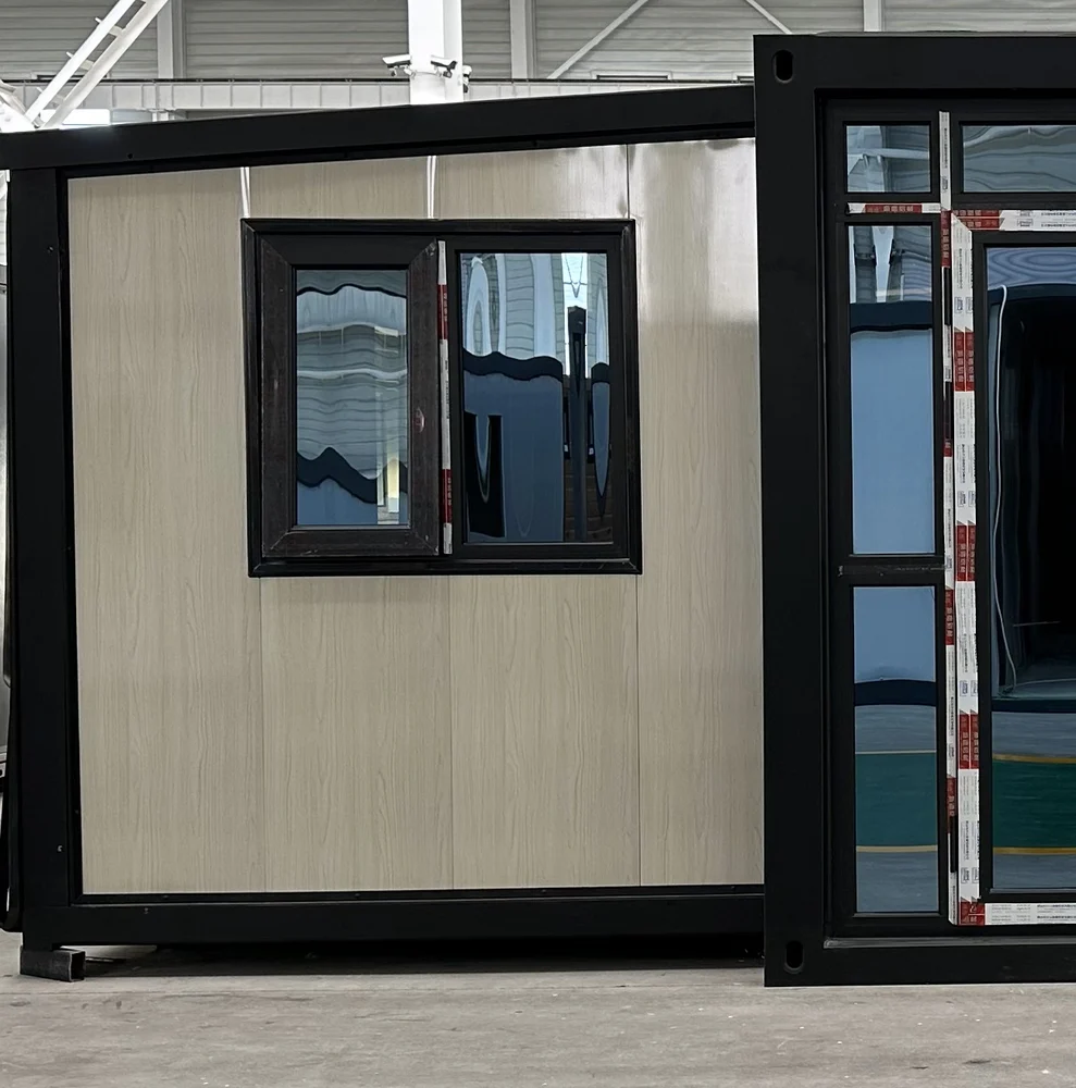 Expandable home with pale beige exterior and vertical woodgrain finish, EX-E05