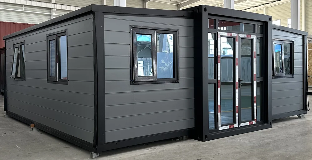 Expandable home with grey exterior and horizontal grooves finish, EX-M01
