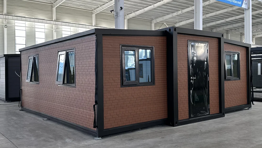 Expandable home with red exterior and small brick effect finish, EX-M06