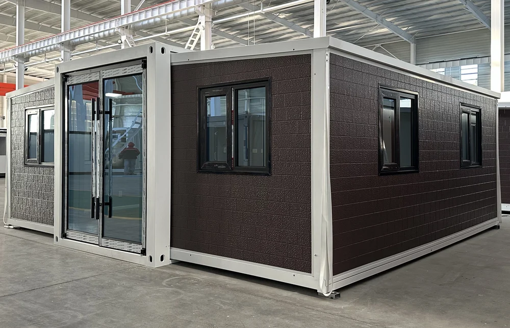 Expandable home with brown exterior and large brick effect finish, EX-M08