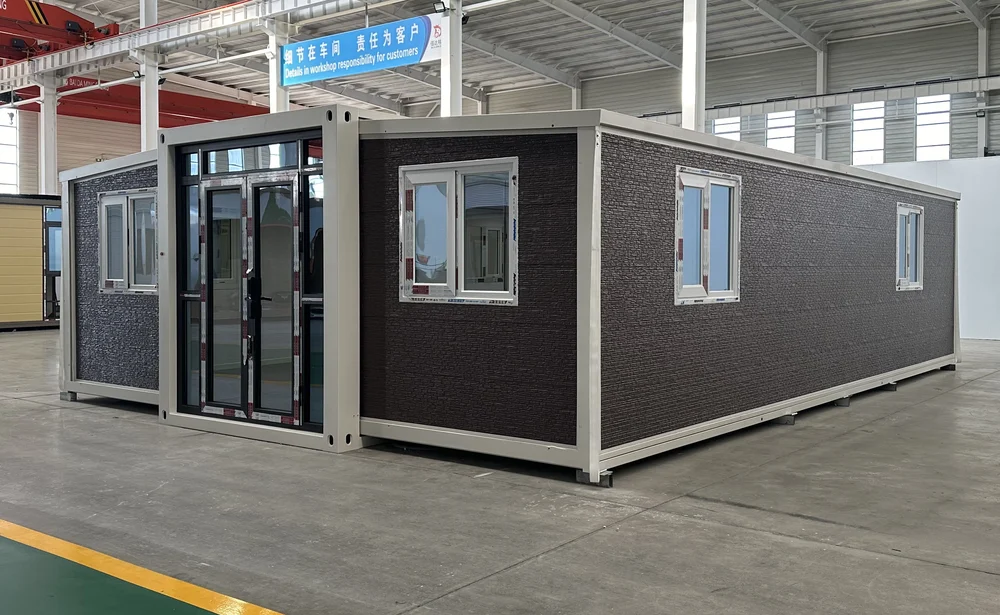 Expandable home with brown stone exterior and long stone effect finish, EX-M12