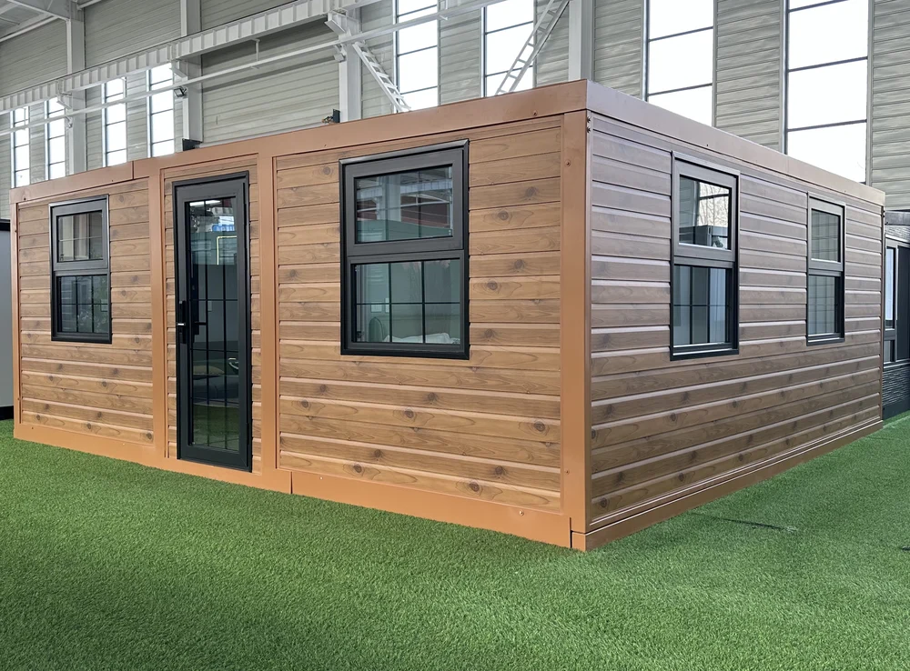 Expandable home with honey brown exterior and horizontal knotty woodgrain finish, EX-M13