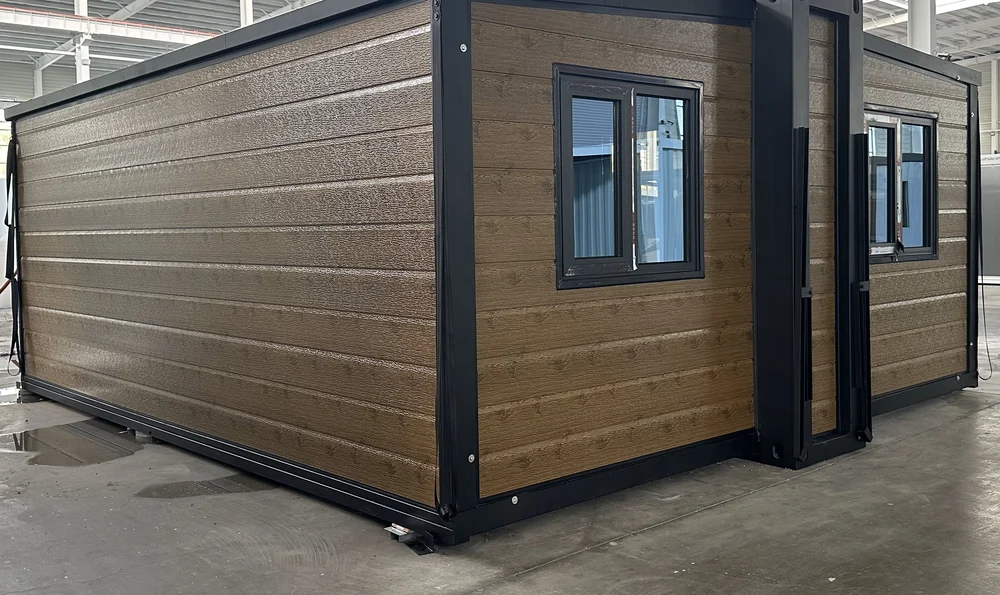 Expandable home with brown exterior and horizontal embossed woodgrain finish, EX-M15