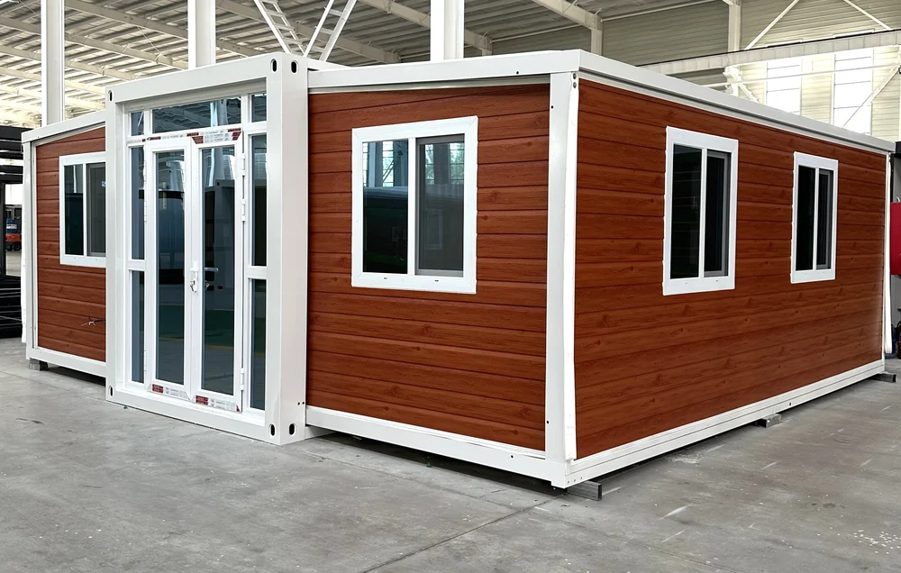Expandable home with amber brown exterior and horizontal woodgrain finish, EX-M16