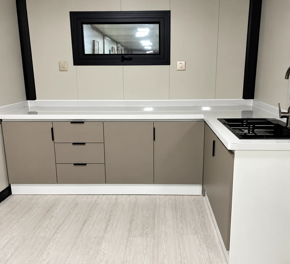 Melamine-faced board cabinetry with worktop and sink, optional package KC-E01