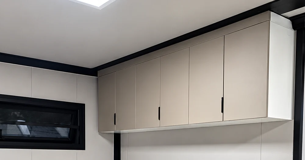 Close-up of matching upper wall cabinets, available separately as optional KC-W01